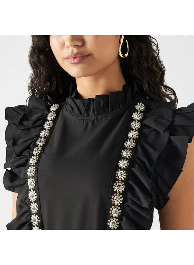2Xtremz 2Xtremz Embellished Sleeveless Top with Piecrust Collar and Ruffles