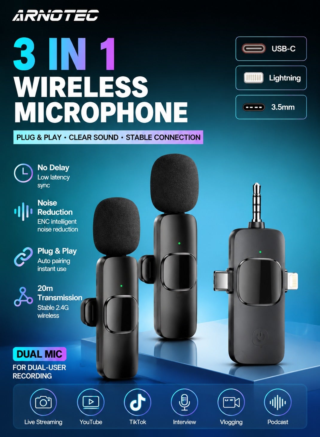 3-in-1 Dual Wireless Lavalier Microphone with Noise Reduction, USB-C / Lightning / 3.5mm Receiver, Auto-Pairing Clip-On Mic for iPhone, Android, Camera, YouTube, TikTok & Live Streaming