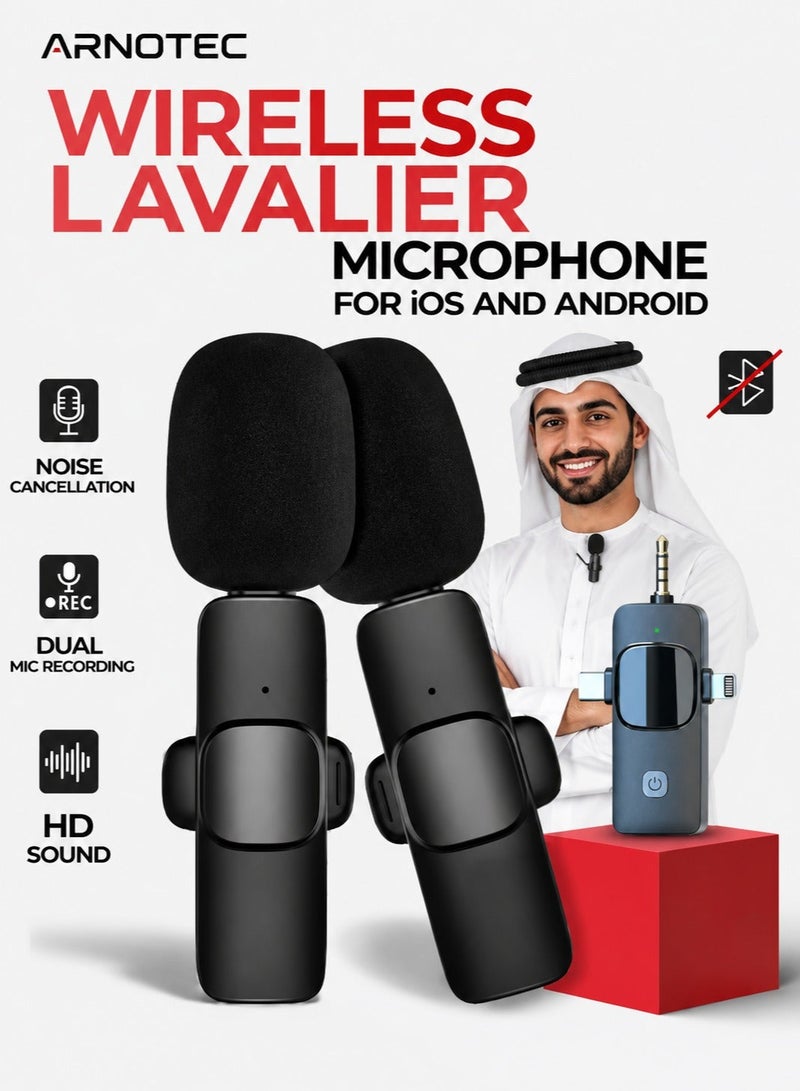 ARNOTEC ميكروفون لاسلكي مزدوج لجميع الهواتف الذكية (أندرويد + iOS) آي فون أجهزة الكمبيوتر المحمولة أجهزة الكمبيوتر المكتبية مكبرات الصوت BT والكاميرات ميكروفون لمقاطع فيديو يوتيوب ريلز البودكاست المقابلات التعليم عبر الإنترنت المدونات (أسود) - Image 1