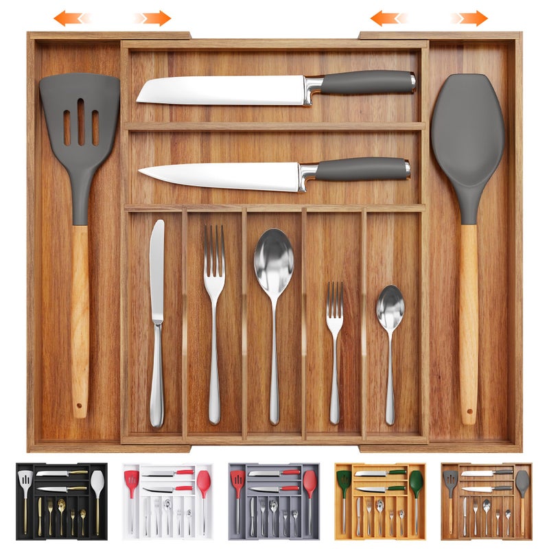 Bellsal Large Premium Acacia Wood Silverware Organizer - Expandable Utensil Drawer Organizer - 17"x19.6" Utensil Holder and Cutlery Tray with Grooved for Kitchen Flatware Utensils(7-9 Slot, Acacia) - Image 1