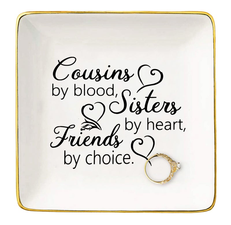 Topthink Cousins by Blood,Sisters by Heart,Friends by Choice-Ceramic Jewelry Holder Ring Dish Trinket Tray-Birthday Graduation Wedding Christmas Gifts for Cousin,Women,Girls,Her - Image 1