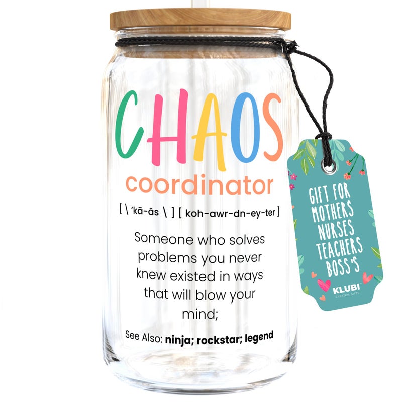 KLUBI Chaos Coordinator Glass Cup With Straw 16oz Chaos Coordinator Gifts for Women Christmas Gifts Officiant Gifts for Wedding Day Promotion Gifts for Women Nurse Gifts Bosses Day Gifts for Her - Image 1