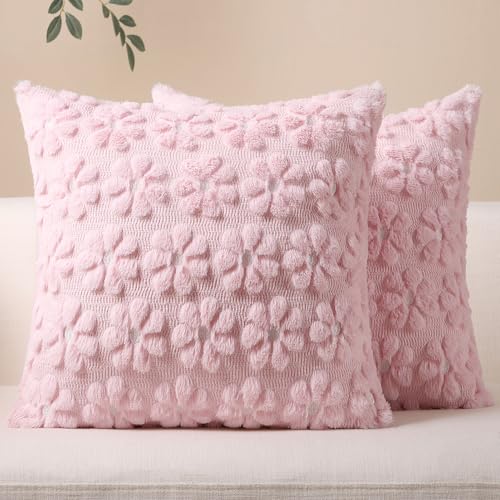 Softalker Spring Summer Throw Pillow Covers 18 x 18 Inch Set of 2 Farmhouse Decorative Floral Daisy Soft Faux Fur Cushion Covers 3D Pillow Cases for Couch Bedroom Living Sofa Room Home Decor Pink - Image 1