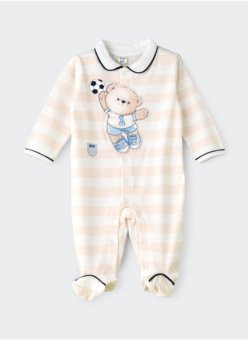 Tiny Hug - Baby Boy Beige Soccer Bear Coverall - Image 1
