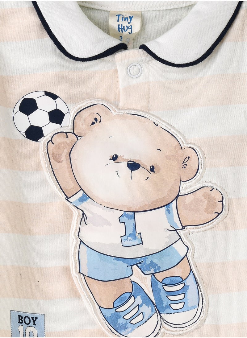 Tiny Hug - Baby Boy Beige Soccer Bear Coverall - Image 1