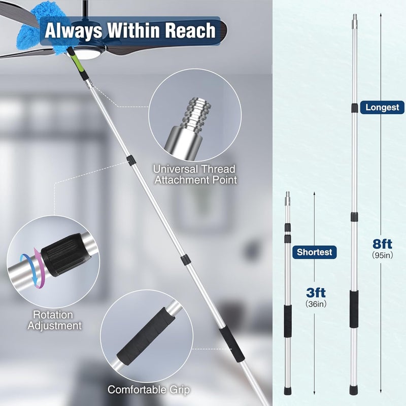 Lineslife Telescoping Pole Cleaning Kits, 3-8 FT Paint Roller Extension Pole with High Ceiling Duster Kits and Utility Hook, Multi-Purpose Sturdy Aluminum Alloy with Twist-Lock Design for Windows - Image 2