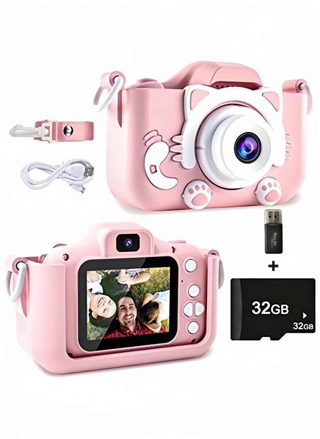 SUPER SO - Kids Camera,1080P HD Digital Video Camera Toy for 3-12 Year Old Boys/Girls, Birthday Festival Gifts for Kids,USB Rechargeable Kids Selfie Camera with 32GB SD Card and card reader(Pink) - Image 1
