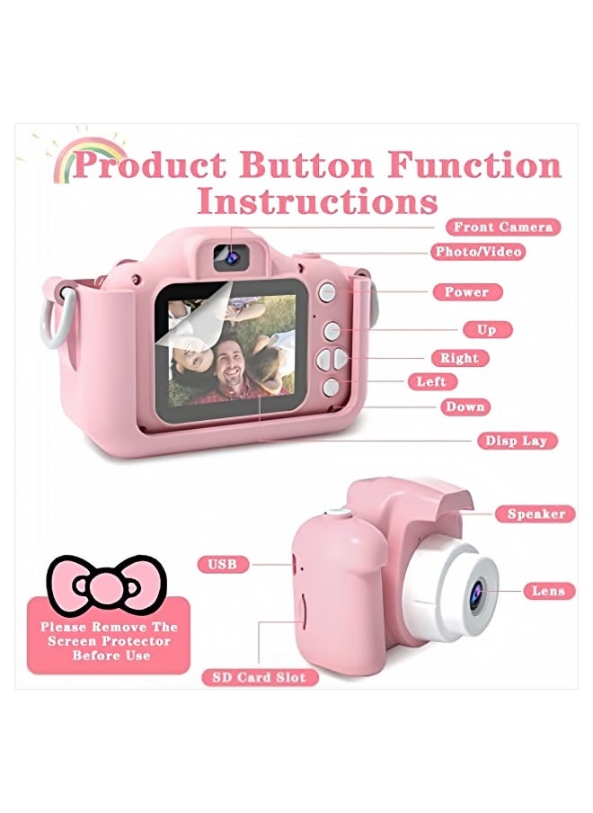 SUPER SO - Kids Camera,1080P HD Digital Video Camera Toy for 3-12 Year Old Boys/Girls, Birthday Festival Gifts for Kids,USB Rechargeable Kids Selfie Camera with 32GB SD Card and card reader(Pink) - Image 1