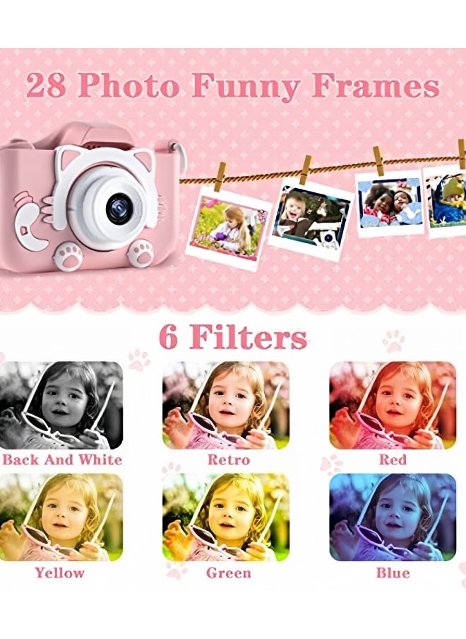 SUPER SO - Kids Camera,1080P HD Digital Video Camera Toy for 3-12 Year Old Boys/Girls, Birthday Festival Gifts for Kids,USB Rechargeable Kids Selfie Camera with 32GB SD Card and card reader(Pink) - Image 1