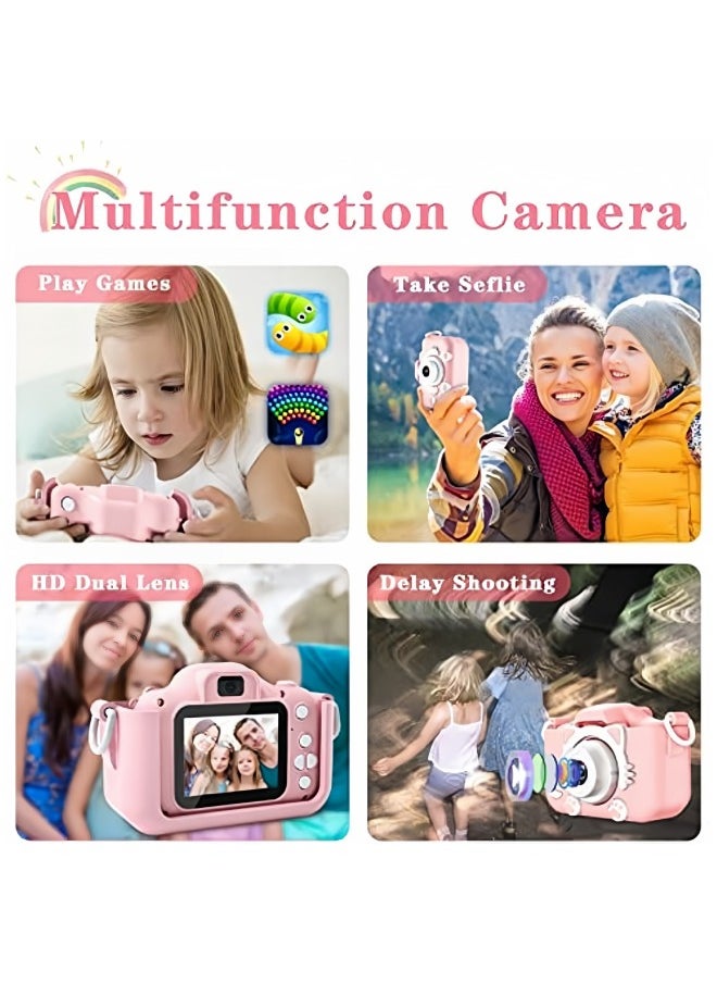 SUPER SO - Kids Camera,1080P HD Digital Video Camera Toy for 3-12 Year Old Boys/Girls, Birthday Festival Gifts for Kids,USB Rechargeable Kids Selfie Camera with 32GB SD Card and card reader(Pink) - Image 1