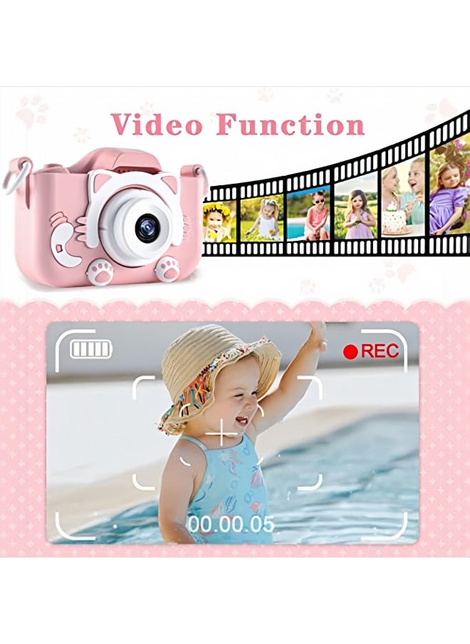 SUPER SO - Kids Camera,1080P HD Digital Video Camera Toy for 3-12 Year Old Boys/Girls, Birthday Festival Gifts for Kids,USB Rechargeable Kids Selfie Camera with 32GB SD Card and card reader(Pink) - Image 1