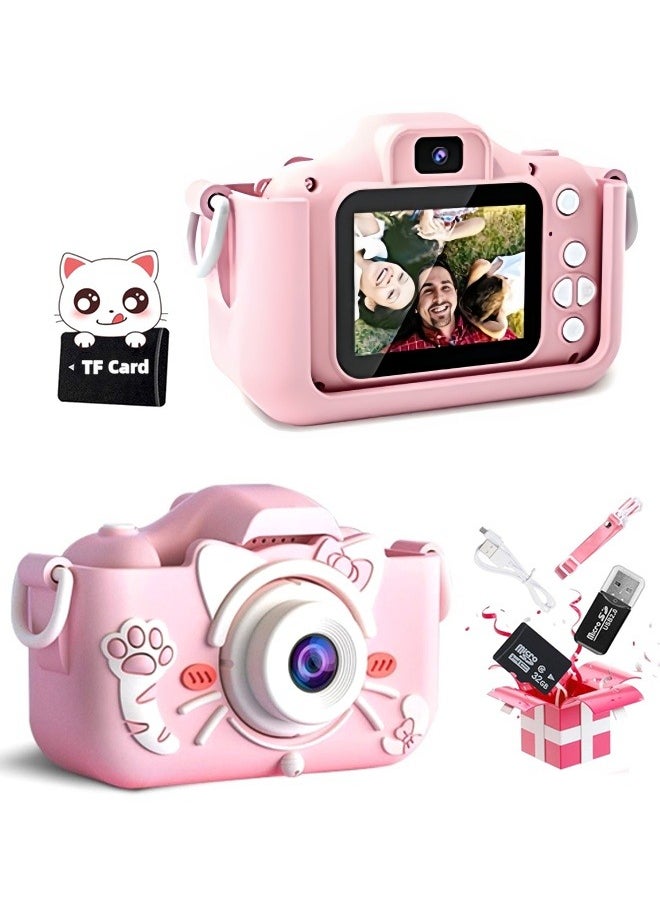 SUPER SO Kids Camera,1080P HD Digital Video Camera Toy for 3-12 Year Old Boys/Girls, Birthday Festival Gifts for Kids,USB Rechargeable Kids Selfie Camera with 32GB SD Card and card reader(Pink)  - Image 1