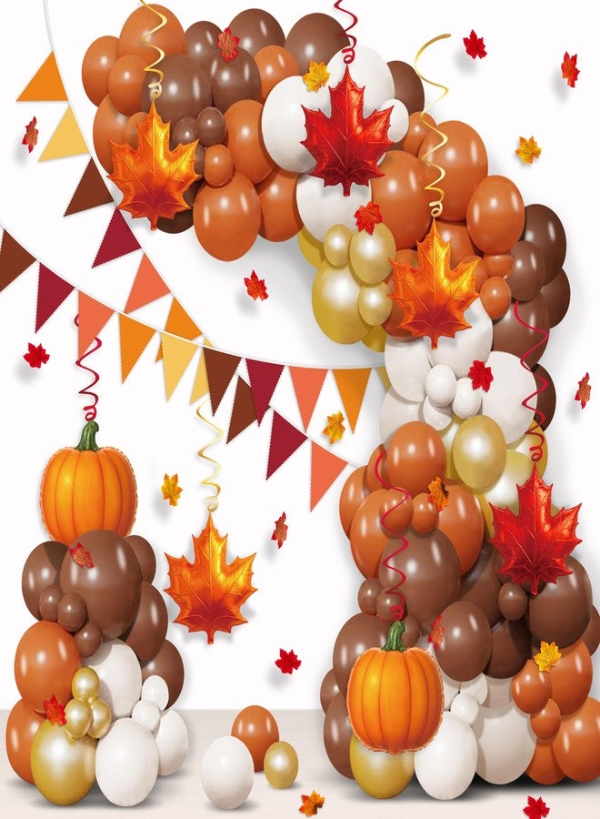 Geefuun Fall Thanksgiving Decorations Balloon Garland Arch Kit Orange Brown Coffee Balloons Hanging Swirls Triangle Flag for Autumn Little Pumpkin Baby Shower Birthday Party Supplies - Image 1