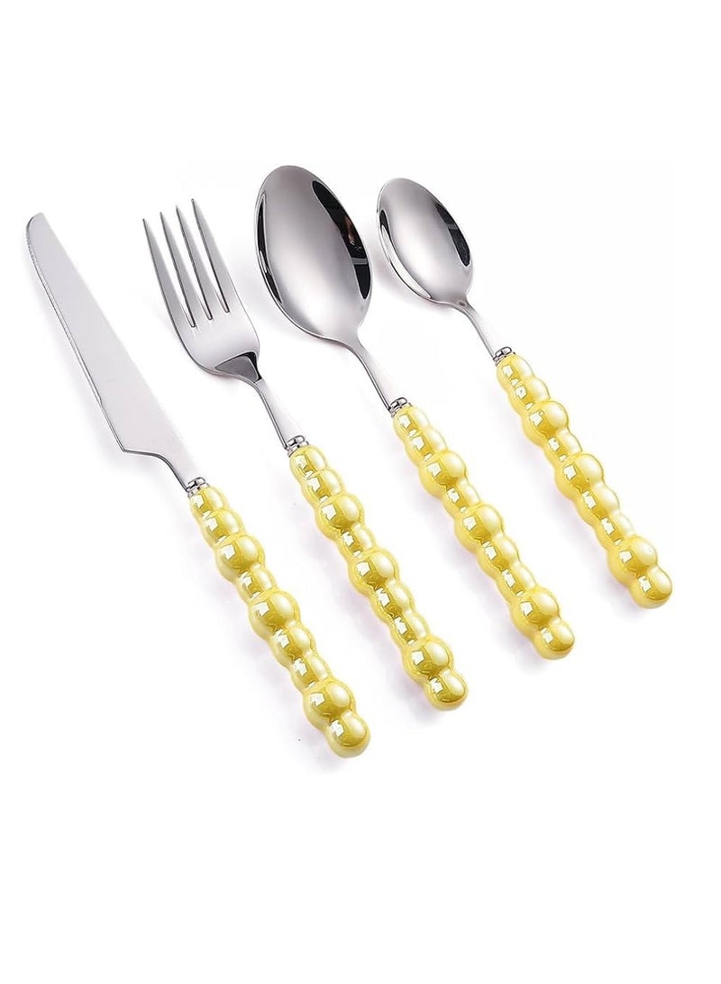 طقم معالق Pearls الفاخر – 4 قطع استانلس ستيل سيلفر وذهبي بيد بورسلين أنيقة R (جولد) - Image 1