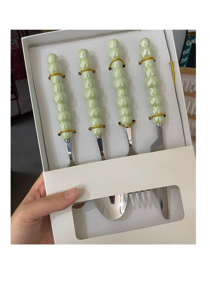 طقم معالق Pearls الفاخر – 4 قطع استانلس ستيل سيلفر وذهبي بيد بورسلين أنيقة R (جولد) - Image 2
