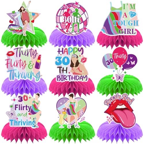 Aposwow Thirty Flirty and Thriving Decorations 9PCS 30 Flirty and Thriving Honeycomb Centerpieces Birthday Table Decoration Talk 30 to Me Bday Decor for 30 Years Old Supplies - Image 1