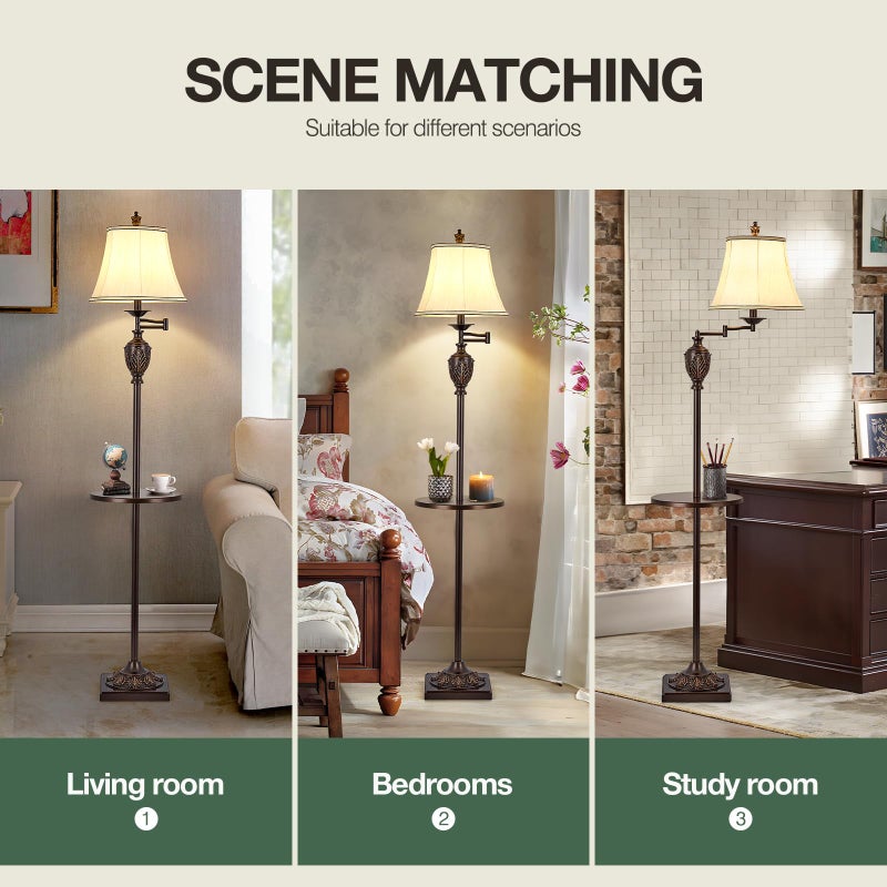 AIDENOEY Traditional LED Floor Lamp with 350Â° Adjustable Swing Arm Lamp â€“ Vintage Standing Pole lamp for Living Room, Bedroom and Office â€“ Rustic Upright Floor Light for Home DÃ©cor with Silk Fabric Shade - Image 4