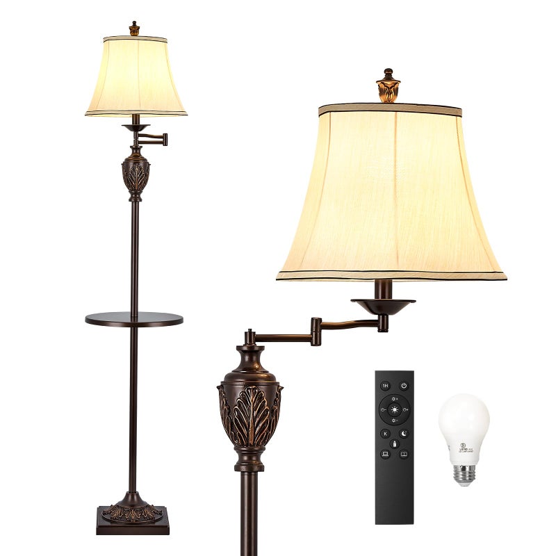 AIDENOEY Traditional LED Floor Lamp with 350Â° Adjustable Swing Arm Lamp â€“ Vintage Standing Pole lamp for Living Room, Bedroom and Office â€“ Rustic Upright Floor Light for Home DÃ©cor with Silk Fabric Shade - Image 1