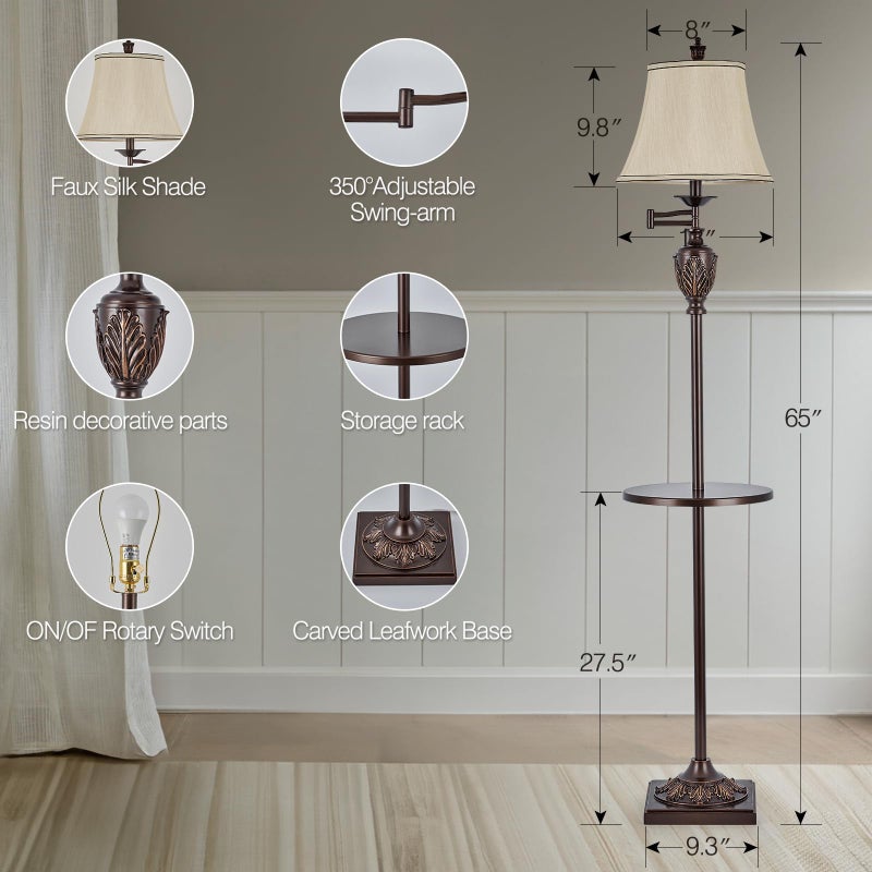 AIDENOEY Traditional LED Floor Lamp with 350Â° Adjustable Swing Arm Lamp â€“ Vintage Standing Pole lamp for Living Room, Bedroom and Office â€“ Rustic Upright Floor Light for Home DÃ©cor with Silk Fabric Shade - Image 3