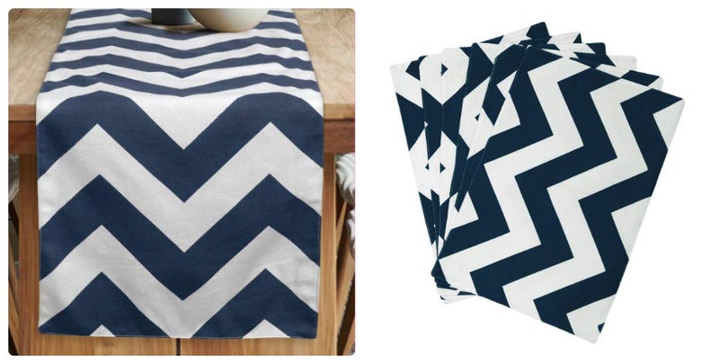 Dekor World Chevron Printed Navy Blue Table Runner with 6 Pcs Place Mat (33x180cm/33x47cm) (Pack of 7 Pcs)-6 Seater Dining & Center Table - Image 1