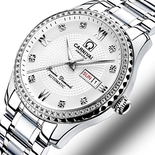 Carnival Mens Dial Automatic Full Gold Stainless Steel Sapphire Glass Waterproof Men Black Watch (Silver/White Dial) - Image 3