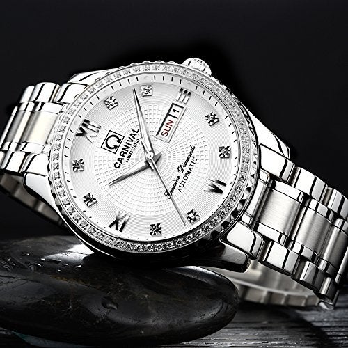 Carnival Mens Dial Automatic Full Gold Stainless Steel Sapphire Glass Waterproof Men Black Watch (Silver/White Dial) - Image 5