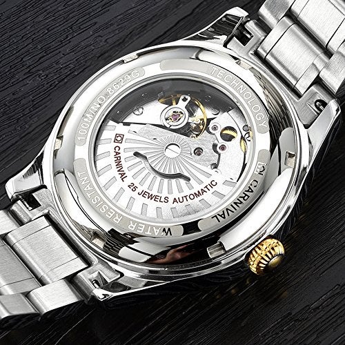 Carnival Mens Dial Automatic Full Gold Stainless Steel Sapphire Glass Waterproof Men Black Watch (Silver/White Dial) - Image 4