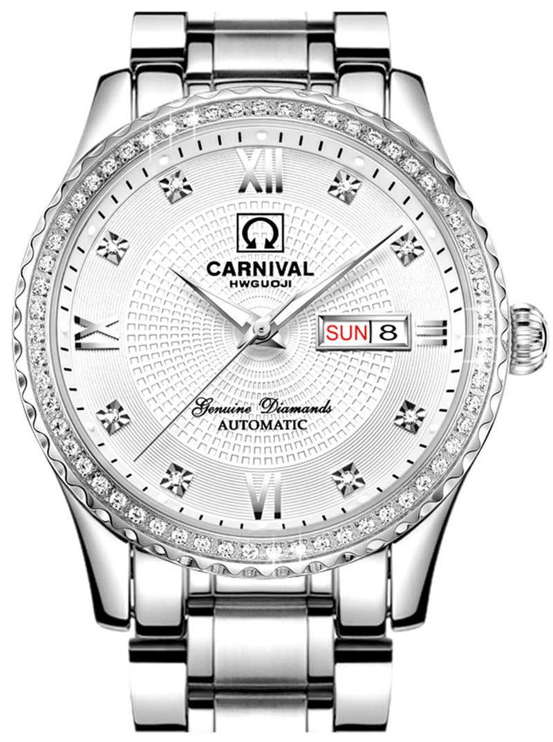 Carnival Mens Dial Automatic Full Gold Stainless Steel Sapphire Glass Waterproof Men Black Watch (Silver/White Dial) - Image 1