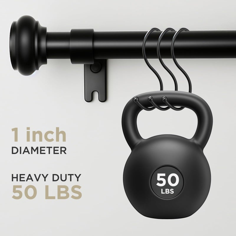 Joydeco Black Curtain Rod Adjustable 32-88 Inches, 1" Diameter Heavy Duty Curtain Rods for Windows, Decorative Splicing Drapery Rods with Resin Finials for Living Room Bedroom Kitchen - Image 3