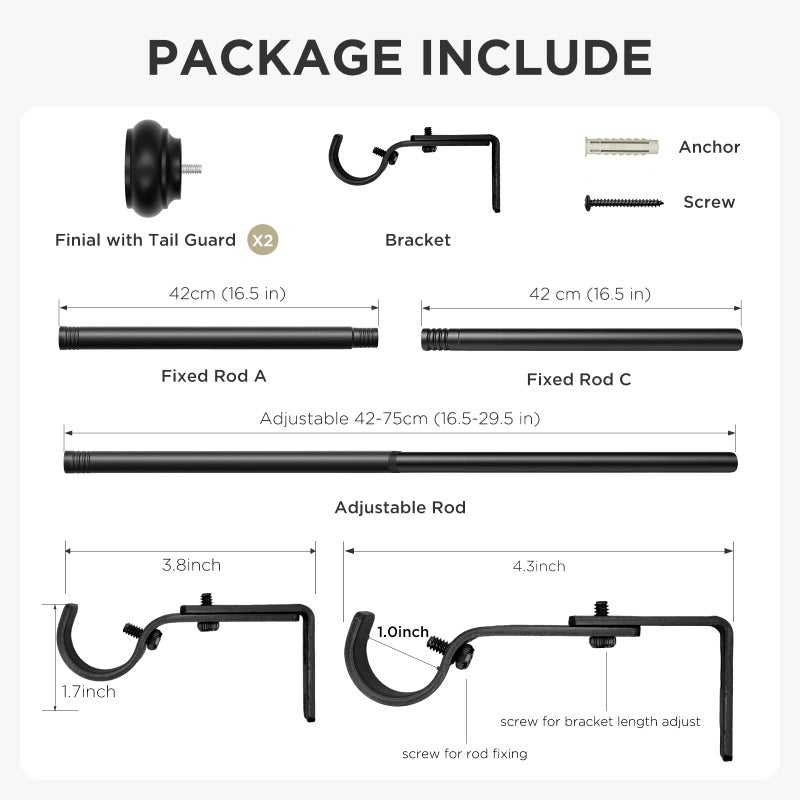 Joydeco Black Curtain Rod Adjustable 32-88 Inches, 1" Diameter Heavy Duty Curtain Rods for Windows, Decorative Splicing Drapery Rods with Resin Finials for Living Room Bedroom Kitchen - Image 5