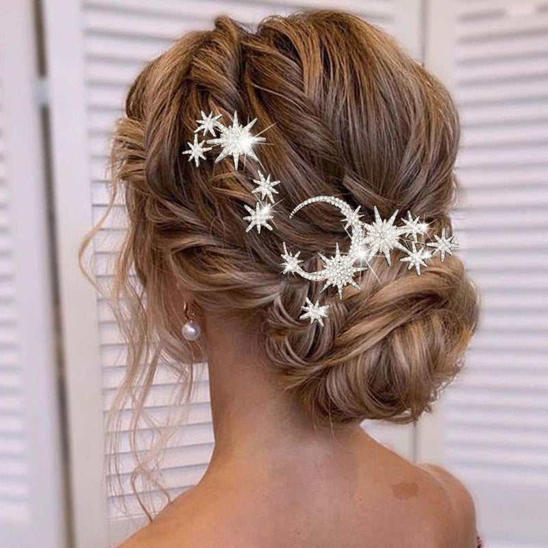 Unicra Star Moon Bride Wedding Hair Pins Crystal Bridal Hair Pieces Rhinestone Goddess Hair Accessories for Women and Girls (Pack of 5) (Silver) - Image 1