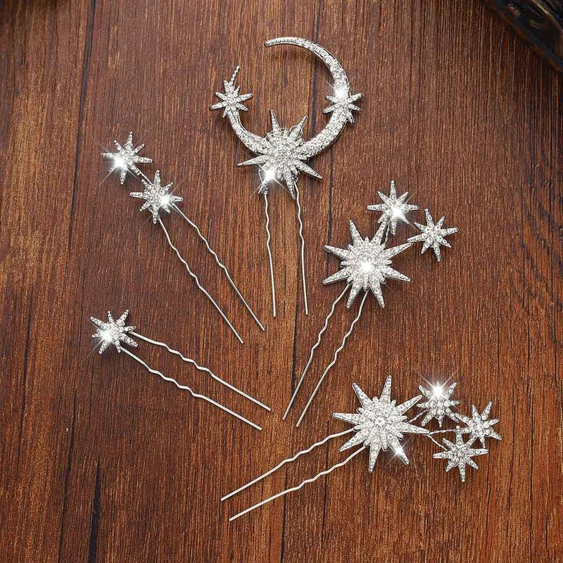 Unicra Star Moon Bride Wedding Hair Pins Crystal Bridal Hair Pieces Rhinestone Goddess Hair Accessories for Women and Girls (Pack of 5) (Silver) - Image 4