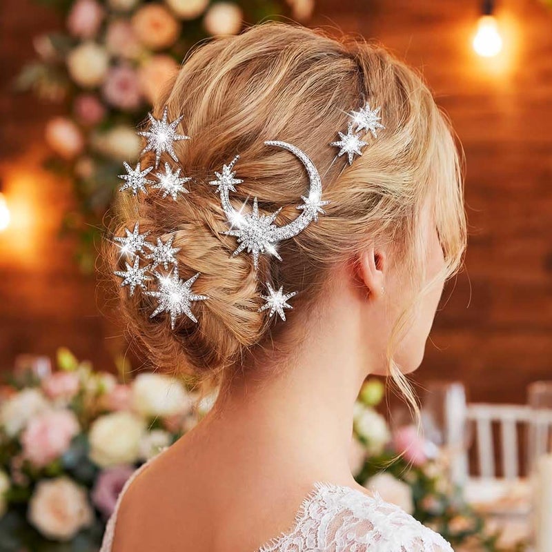 Unicra Star Moon Bride Wedding Hair Pins Crystal Bridal Hair Pieces Rhinestone Goddess Hair Accessories for Women and Girls (Pack of 5) (Silver) - Image 5