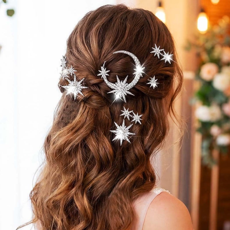 Unicra Star Moon Bride Wedding Hair Pins Crystal Bridal Hair Pieces Rhinestone Goddess Hair Accessories for Women and Girls (Pack of 5) (Silver) - Image 3