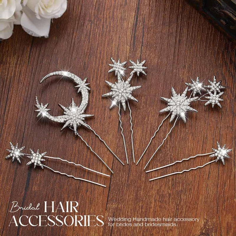 Unicra Star Moon Bride Wedding Hair Pins Crystal Bridal Hair Pieces Rhinestone Goddess Hair Accessories for Women and Girls (Pack of 5) (Silver) - Image 2