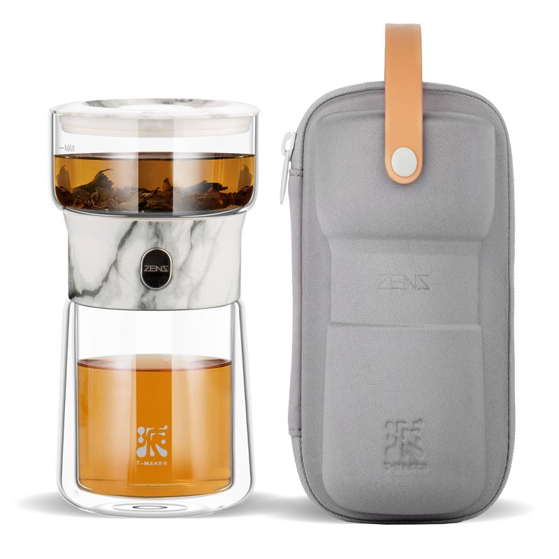 ZENS Modern Small Glass Infuser Teapot, Magic One Touch Drip Tea Pot Infusers for Loose Tea Diffuser, Cool Herbal Teapot with 200ml insulated Cup and Portable Gray Tea Kits for Tea Lovers Gifts - Image 1
