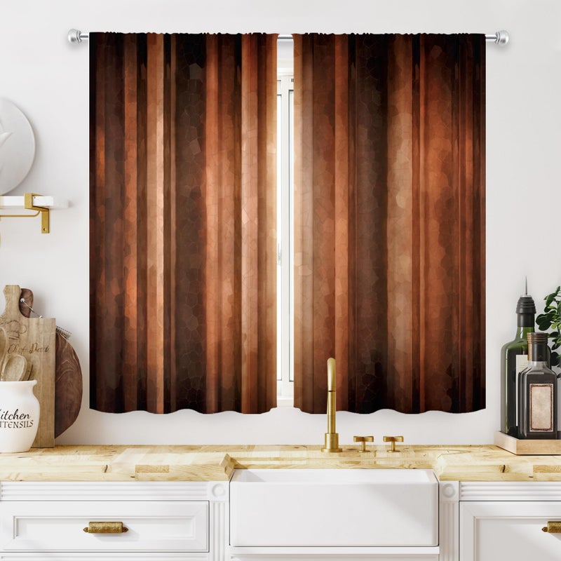 MESHELLY Brown Kitchen Curtains 275W x 39H Inch Rod Pocket Vintage Rust Orange Kitchen Decor Copper Tan Aged Bronze Cafe Curtains Simple Earth Stripe Art Printed Small Window Drapes Fabric 2 Panels