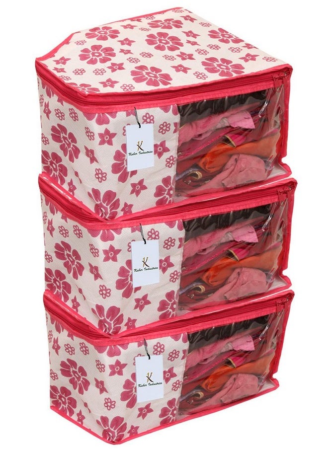 Kuber Industries Kuber Industries Non-Woven Blouse Cover/Organizer|Lahariya Printed & Front Window|Size 39 x 27 x 20 CM|Pack of 3 (Pink)  - Image 1