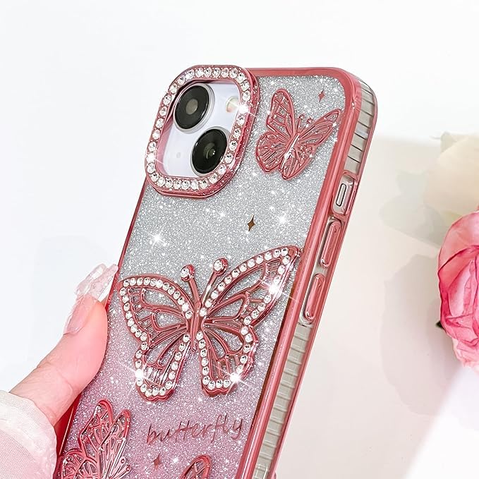 Elzzi غطاء هاتف بتصميم فراشة مطلي كهربائياً لجهاز آيفون 15، يعرض لؤلؤة الماس الناعمة TPU، حماية الكاميرا، مقاوم للصدمات، مقاوم للسقوط أنيق للفتيات والنساء (وردي) - Image 4