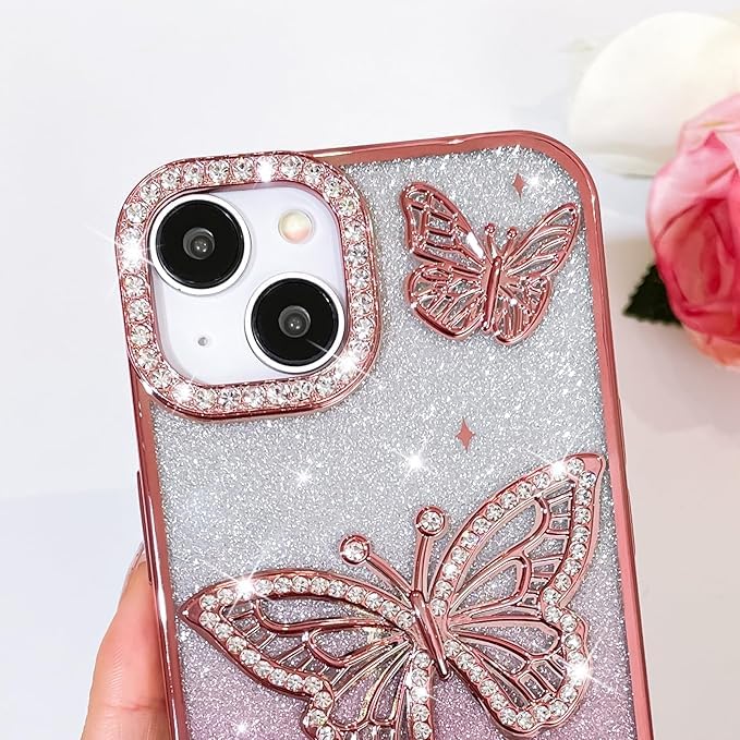 Elzzi غطاء هاتف بتصميم فراشة مطلي كهربائياً لجهاز آيفون 15، يعرض لؤلؤة الماس الناعمة TPU، حماية الكاميرا، مقاوم للصدمات، مقاوم للسقوط أنيق للفتيات والنساء (وردي) - Image 3