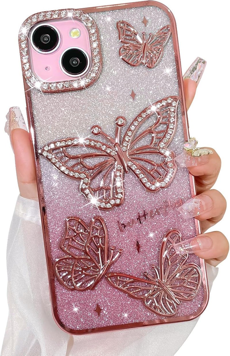 Elzzi غطاء هاتف بتصميم فراشة مطلي كهربائياً لجهاز آيفون 15، يعرض لؤلؤة الماس الناعمة TPU، حماية الكاميرا، مقاوم للصدمات، مقاوم للسقوط أنيق للفتيات والنساء (وردي) - Image 1