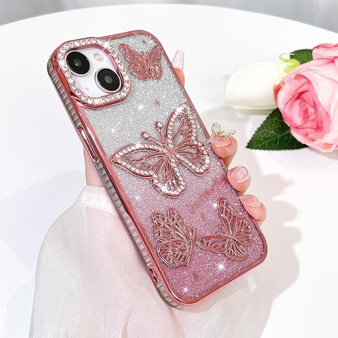 Elzzi غطاء هاتف بتصميم فراشة مطلي كهربائياً لجهاز آيفون 15، يعرض لؤلؤة الماس الناعمة TPU، حماية الكاميرا، مقاوم للصدمات، مقاوم للسقوط أنيق للفتيات والنساء (وردي) - Image 2