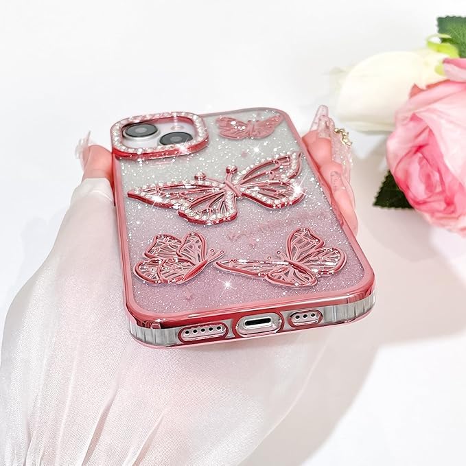 Elzzi غطاء هاتف بتصميم فراشة مطلي كهربائياً لجهاز آيفون 15، يعرض لؤلؤة الماس الناعمة TPU، حماية الكاميرا، مقاوم للصدمات، مقاوم للسقوط أنيق للفتيات والنساء (وردي) - Image 5