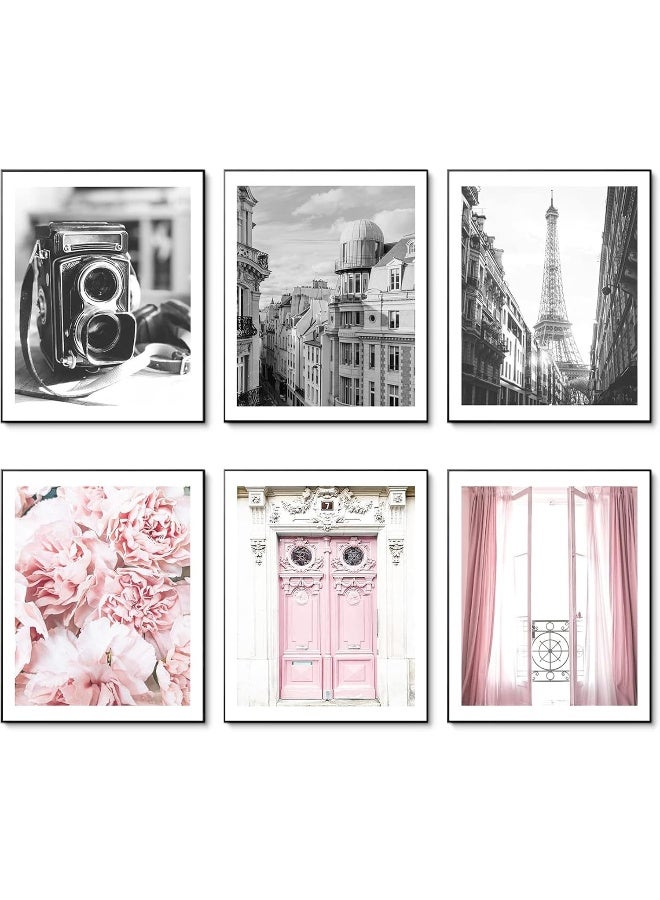Home Trove Hoozgee Vintage Fashion Paris Wall Art Prints Black And White Canvas Poster Eiffel Tower Pink Flower Doors Windows Pictures Photos Wall Decor For Office Bedroom Living Room (8"X10" Unframed)  - Image 1