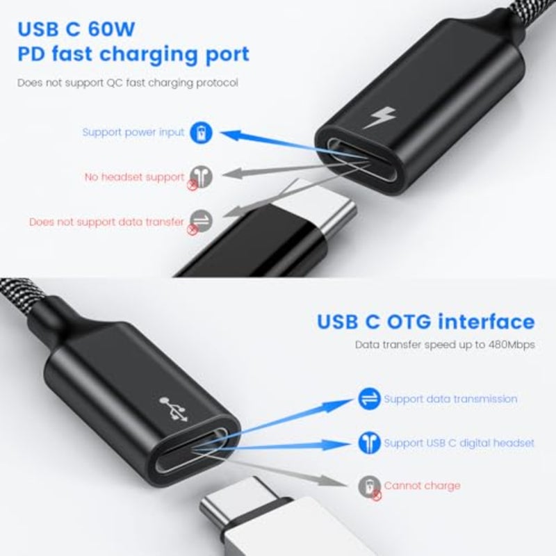 60W USB C Splitter Cable, 2-in-1 USB-C Male to Dual USB-C Female, Charge While Using Headphones, SSD, DAC, or Controller for Steam Deck, Quest 3, iPad, Samsung, Pixel Not for Monitor - Image 2