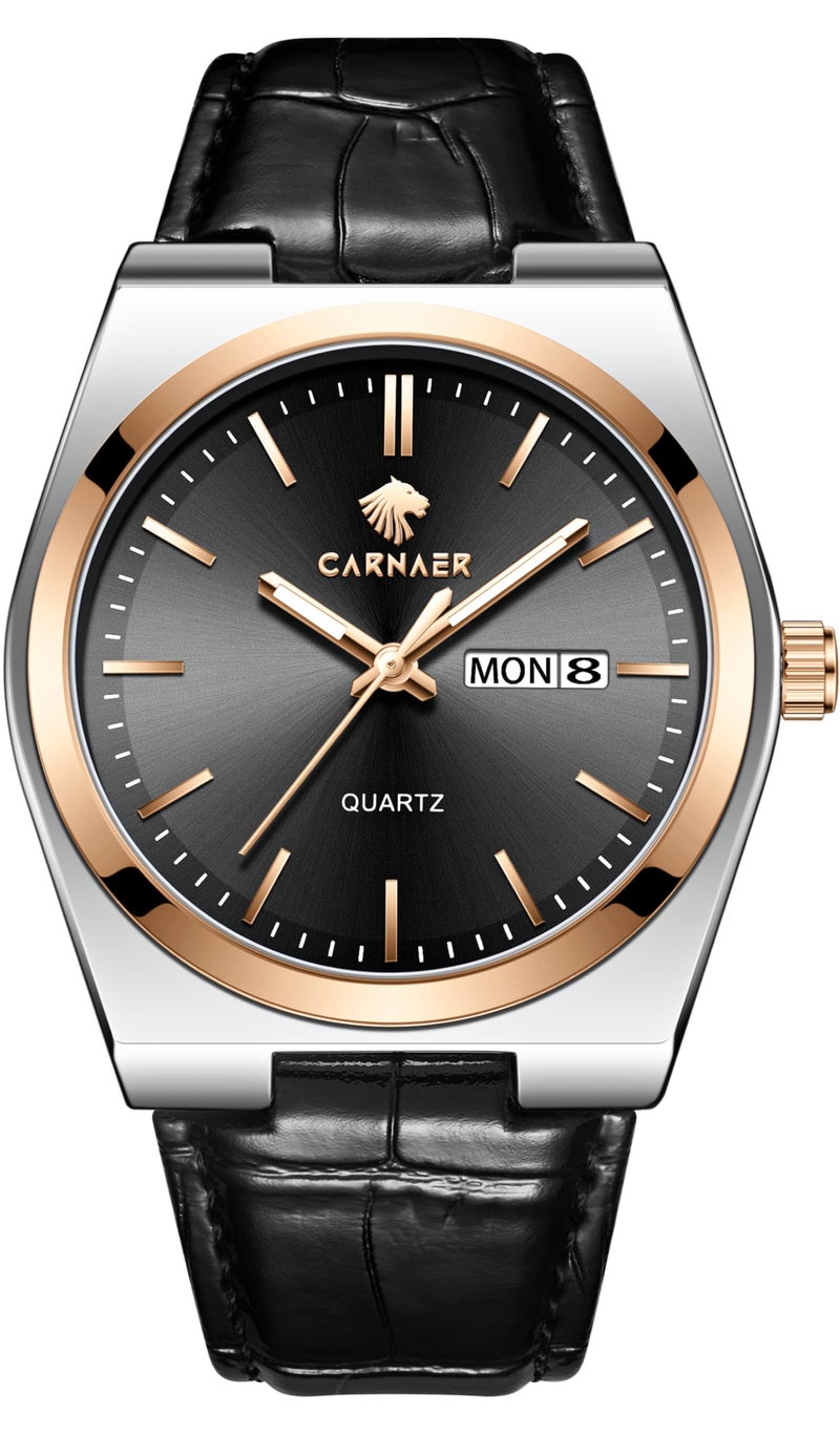 CARNAER Valoredge Men Watch – Dual-Tone Silver-Rose Gold, Zinc Alloy Case, Leather Strap, Day & Date, Luminous Hands, Water Resistant Quartz Watch for Men (Black) - Image 1