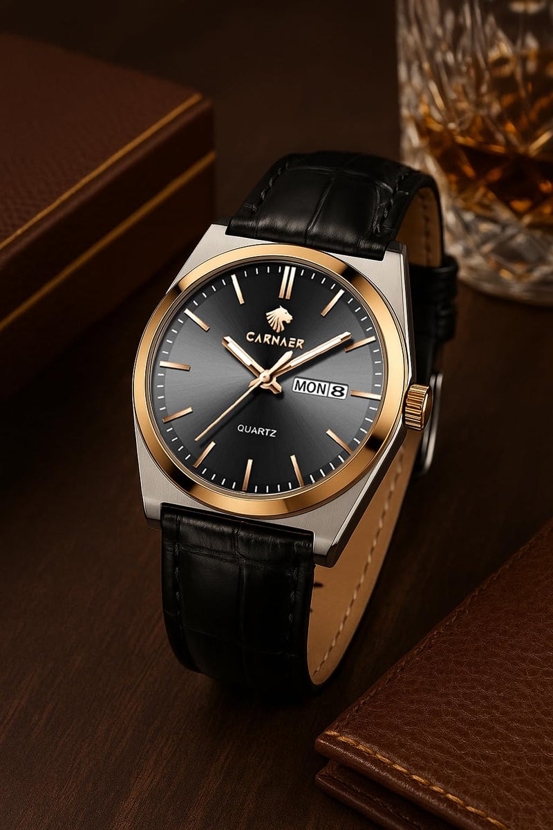 CARNAER Valoredge Men Watch – Dual-Tone Silver-Rose Gold, Zinc Alloy Case, Leather Strap, Day & Date, Luminous Hands, Water Resistant Quartz Watch for Men (Black) - Image 2
