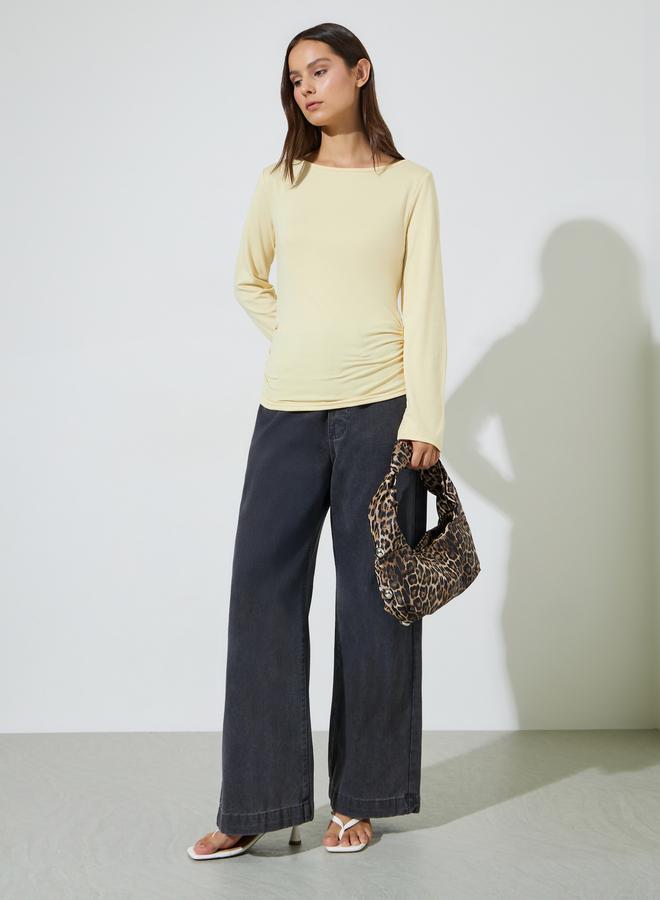 Styli Yellow Solid Long Sleeves Knit Top with Side Gathering - Image 2