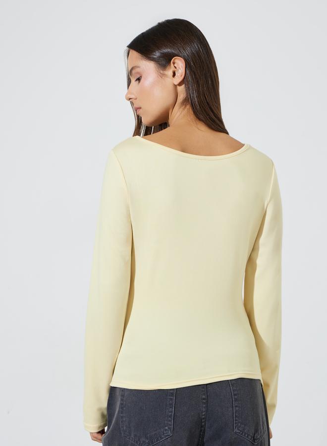 Styli Yellow Solid Long Sleeves Knit Top with Side Gathering - Image 4