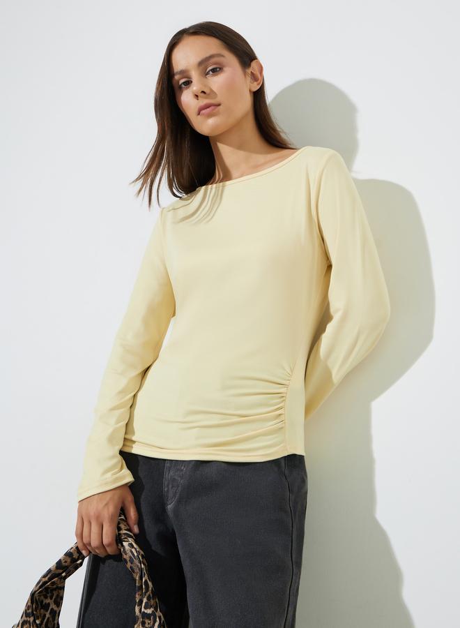 Styli Yellow Solid Long Sleeves Knit Top with Side Gathering - Image 1